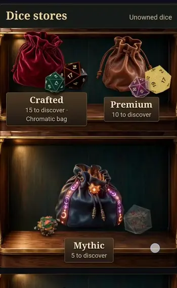 The Mythic Roll Curiosities Cabinet with shelves of dice collections