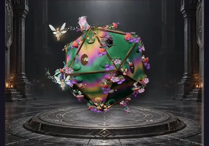 A colorful Feywild die wrapped in living branches