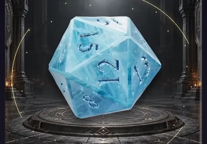 Translucent blue glacier die with carved numbers in its app preview